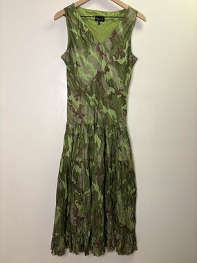 Lynn Ritchie 100% Silk Camouflage Sleevless Midi Maxi Tiered Dress Hunting Army